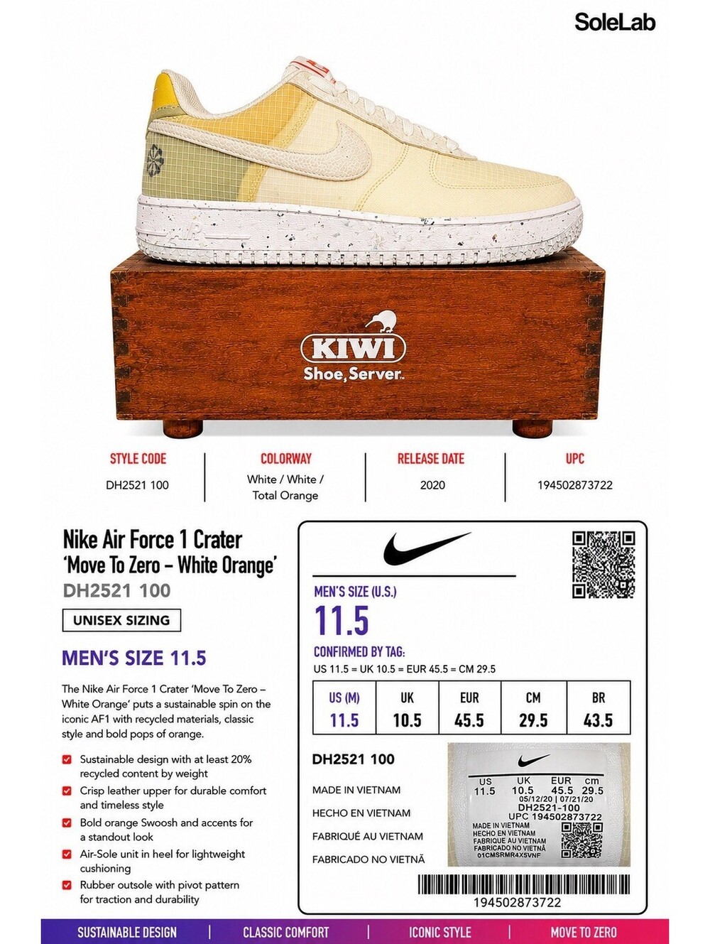 Nike Air Force 1 Crater Move To Zero White Orange DH2521-100 Men’s 11.5